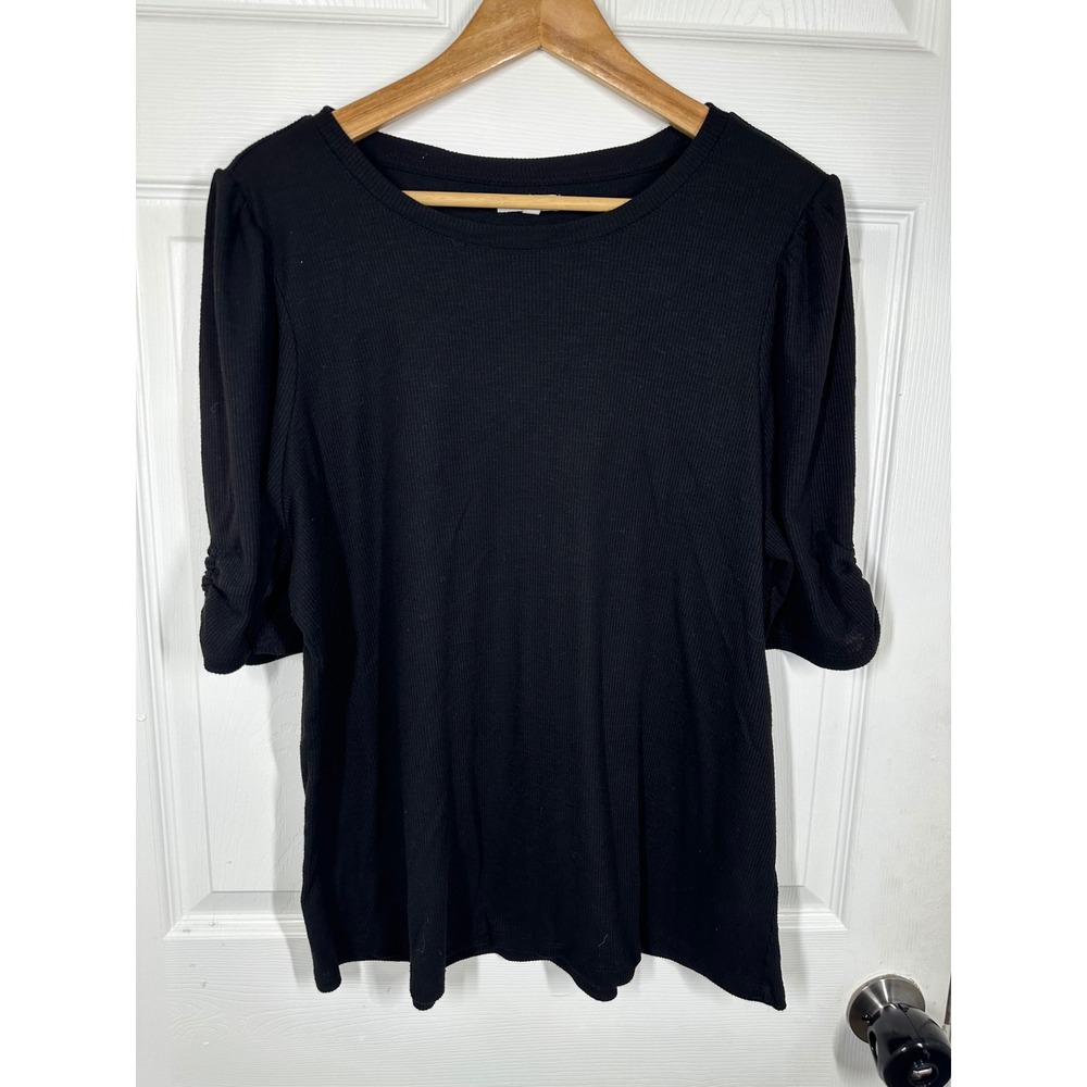 Maurices Top Womens 1X Black‎ Ribbed Knit Ruched Sleeve Puff Shoulder Tee Shirt